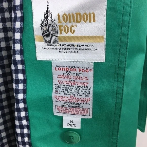 LONDON FOG Trench Coat Classic Gingham Lining Green Navy Petite Plus Size 14P - Picture 8 of 10